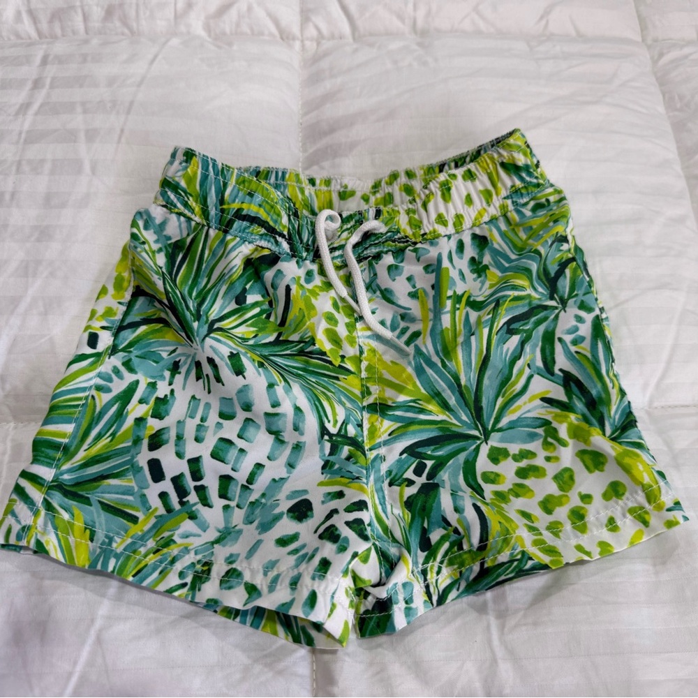 Janie & Jack - Green and White Swim Trunks with Tropical Print